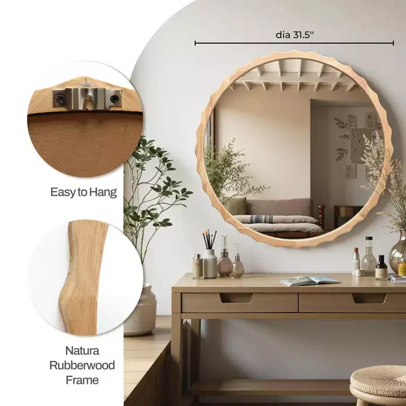 LuxenHome Miroir mural rond de 31,5 po en bois naturel avec cadre festonné, miroir décoratif mural ondulé pour salle de bain, chambre, entrée, marron