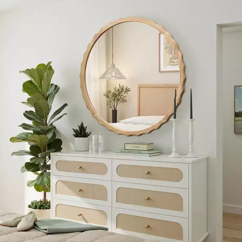 LuxenHome Miroir mural rond de 31,5 po en bois naturel avec cadre festonné, miroir décoratif mural ondulé pour salle de bain, chambre, entrée, marron