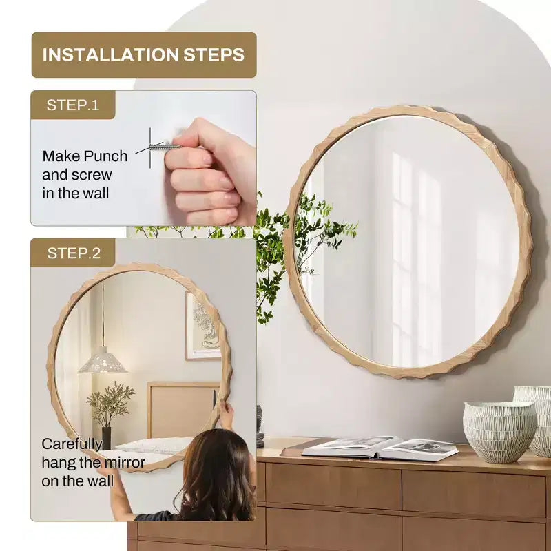 LuxenHome Miroir mural rond de 31,5 po en bois naturel avec cadre festonné, miroir décoratif mural ondulé pour salle de bain, chambre, entrée, marron