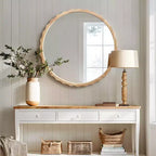 LuxenHome Miroir mural rond de 31,5 po en bois naturel avec cadre festonné, miroir décoratif mural ondulé pour salle de bain, chambre, entrée, marron