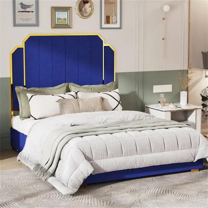 Queen Size Bed Frame and 59.06 Headboard with Golden Plating Trim