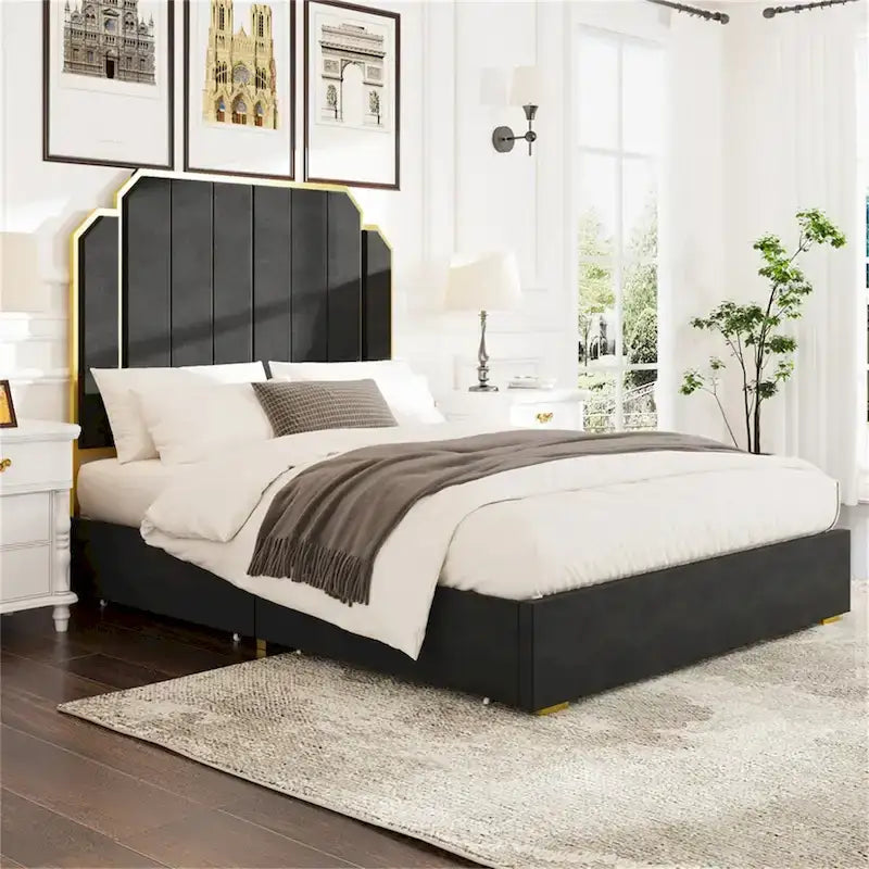 Queen Size Bed Frame and 59.06 Headboard with Golden Plating Trim