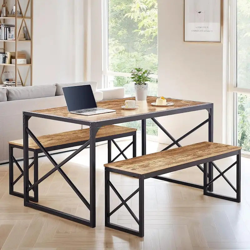 VECELO 3-pieces Dining Table with Bench, Dinning Room Table Set for 4-6, Kitchen Table with 2 Benches Dining Table Set