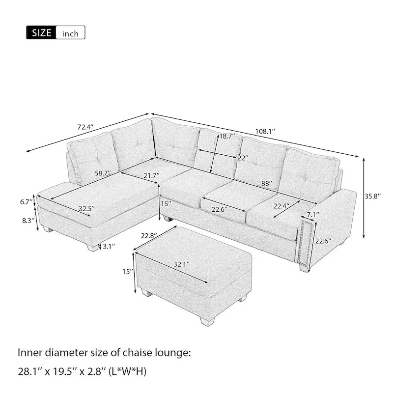 Canapé d'angle réversible avec pouf de rangement