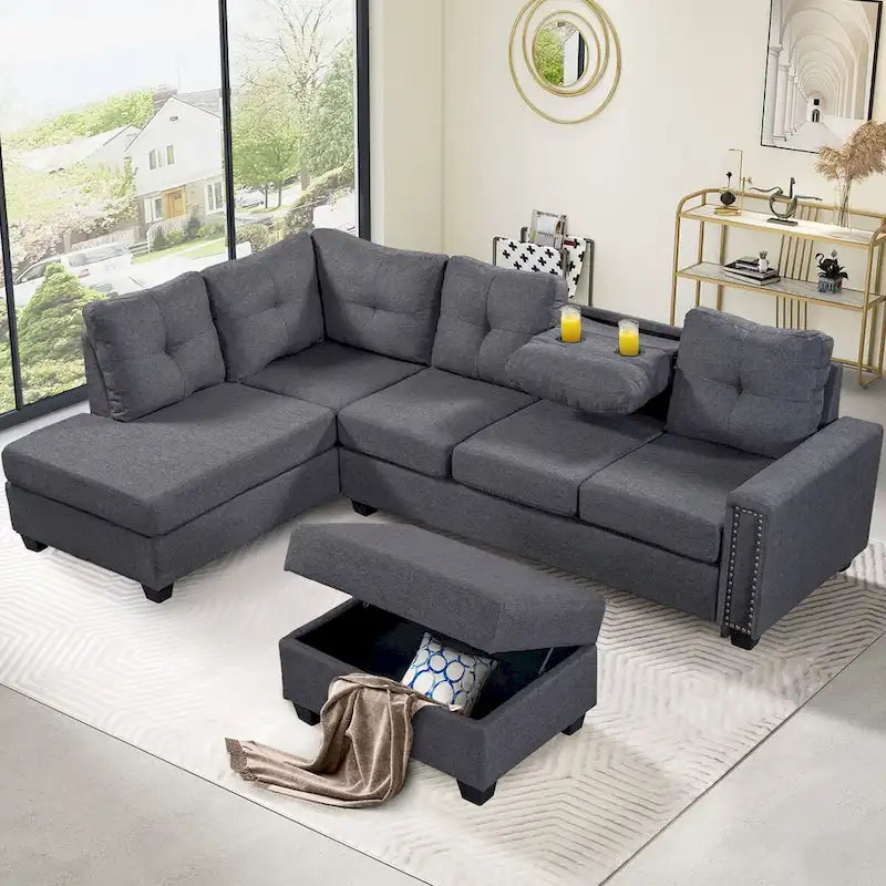 Canapé d'angle réversible avec pouf de rangement