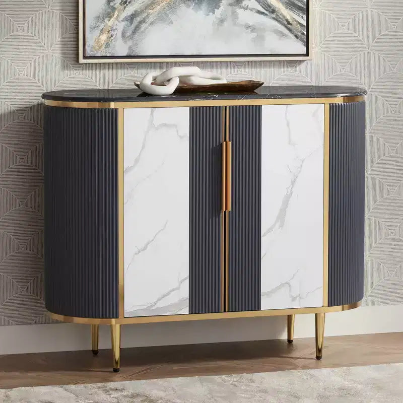 55 Downing Street Jodie Console Ovale Moderne Blanc Gris 39 1/2 x 15 avec Rangement Plateau en Marbre pour Salon Chambre