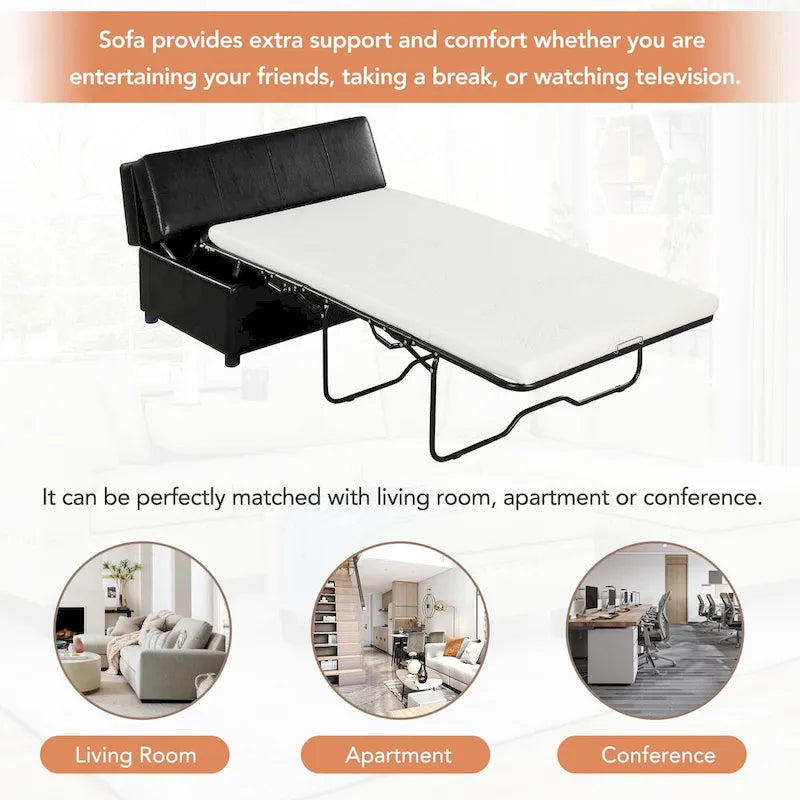 Twin Size Folding Pull out Ottoman Sleeper Bed with Mattress Convertible Guest Bed, PU Upholstered Sleeper Sofa