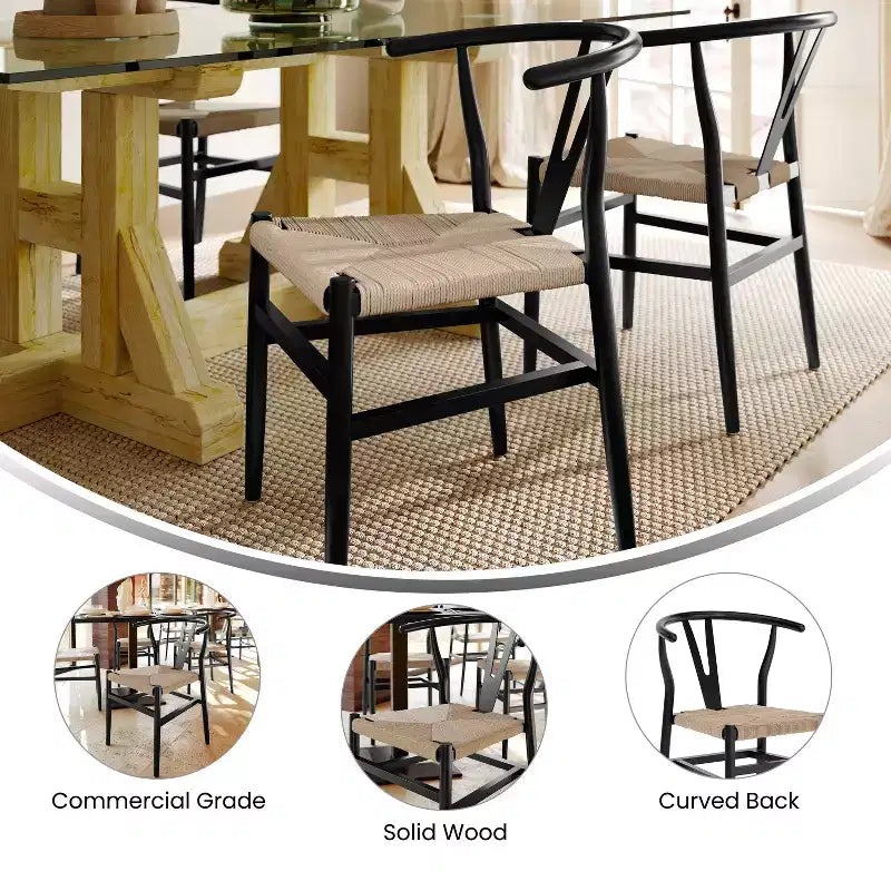 Emma et Oliver Lot de 2 chaises de salle à manger en bois de style Y-Back avec sièges en corde de papier Kraft, design empilable