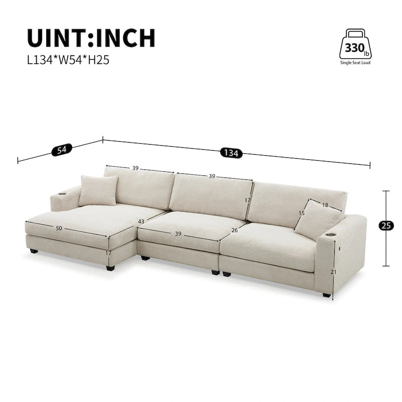 Large L-Shaped Cloud Couch in Beige Corduroy - Deep Seat Sofa Bed with USB, Cup Holder