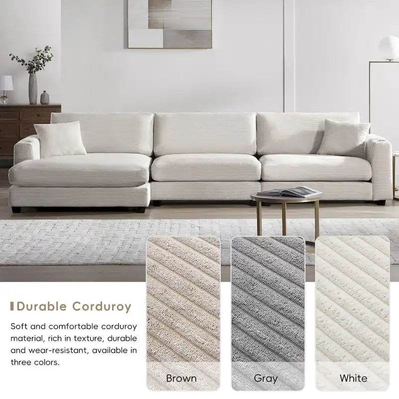 Large L-Shaped Cloud Couch in Beige Corduroy - Deep Seat Sofa Bed with USB, Cup Holder