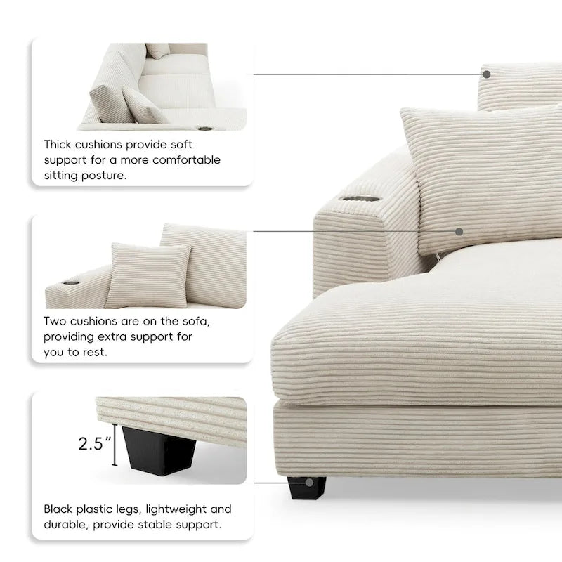 Large L-Shaped Cloud Couch in Beige Corduroy - Deep Seat Sofa Bed with USB, Cup Holder