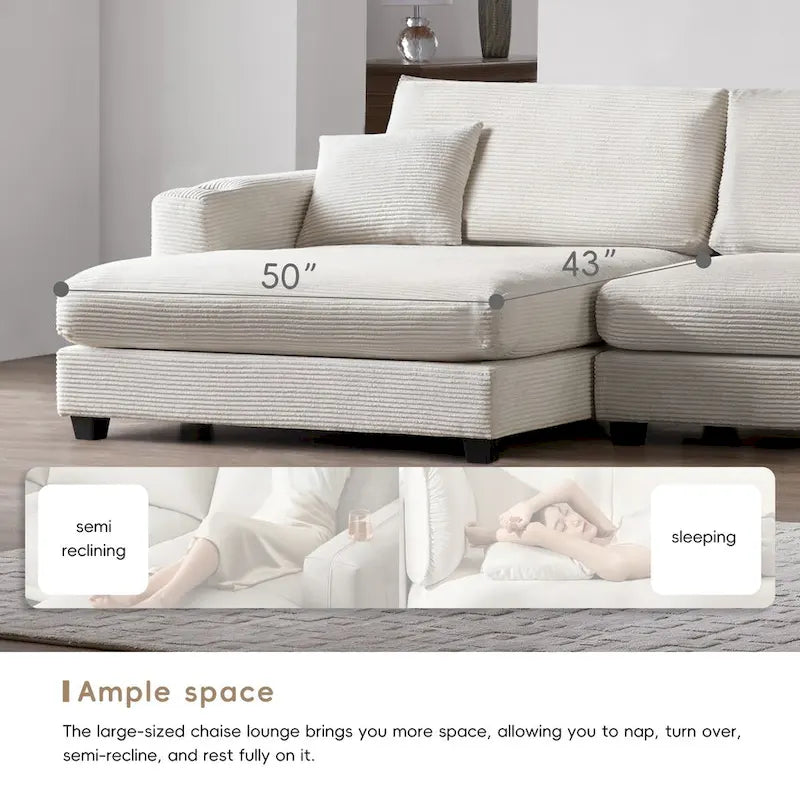 Large L-Shaped Cloud Couch in Beige Corduroy - Deep Seat Sofa Bed with USB, Cup Holder