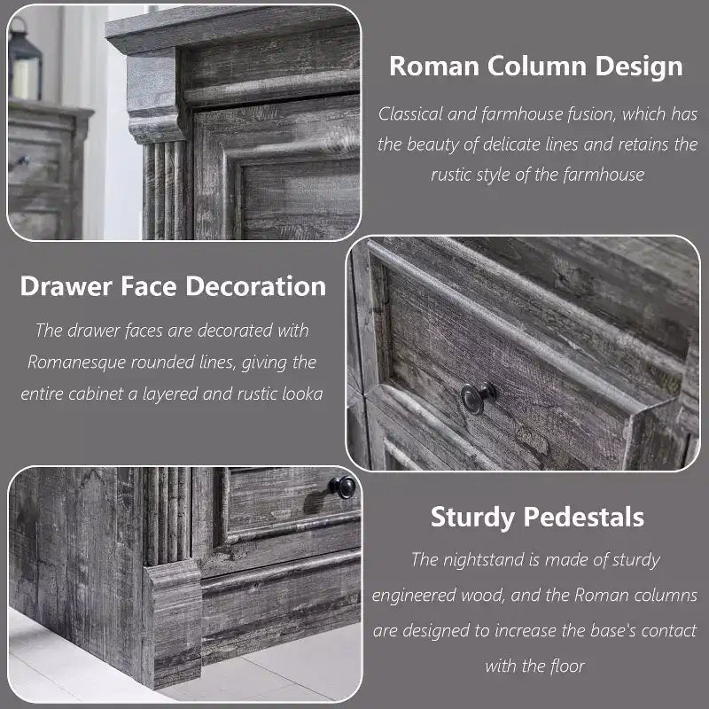 Commode de chambre Sincido à 8 tiroirs, commode haute de 155 cm de style ferme avec colonnes romaines