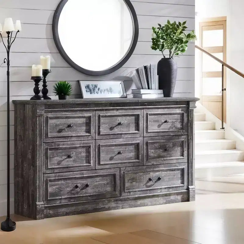 Commode de chambre Sincido à 8 tiroirs, commode haute de 155 cm de style ferme avec colonnes romaines