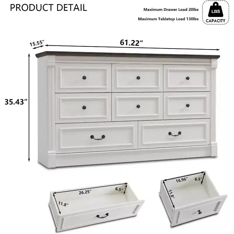 Commode de chambre Sincido à 8 tiroirs, commode haute de 155 cm de style ferme avec colonnes romaines