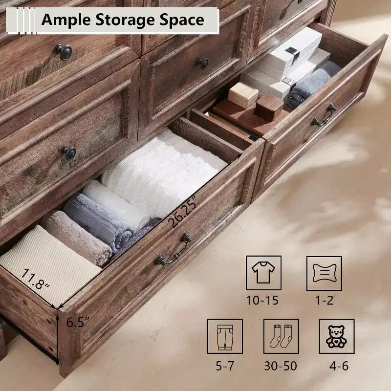 Commode de chambre Sincido à 8 tiroirs, commode haute de 155 cm de style ferme avec colonnes romaines