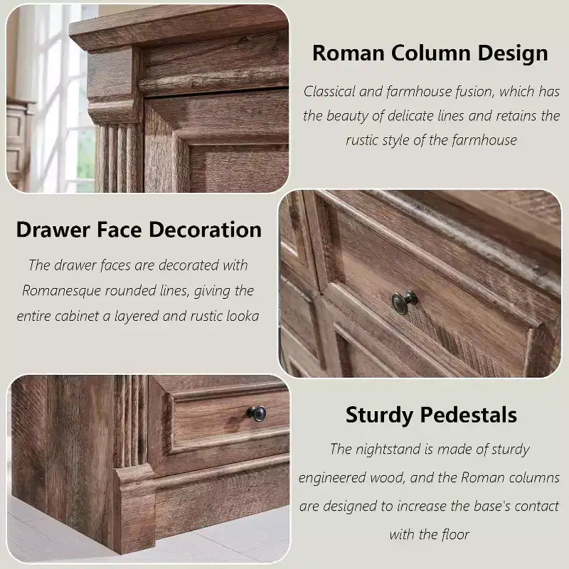 Commode de chambre Sincido à 8 tiroirs, commode haute de 155 cm de style ferme avec colonnes romaines