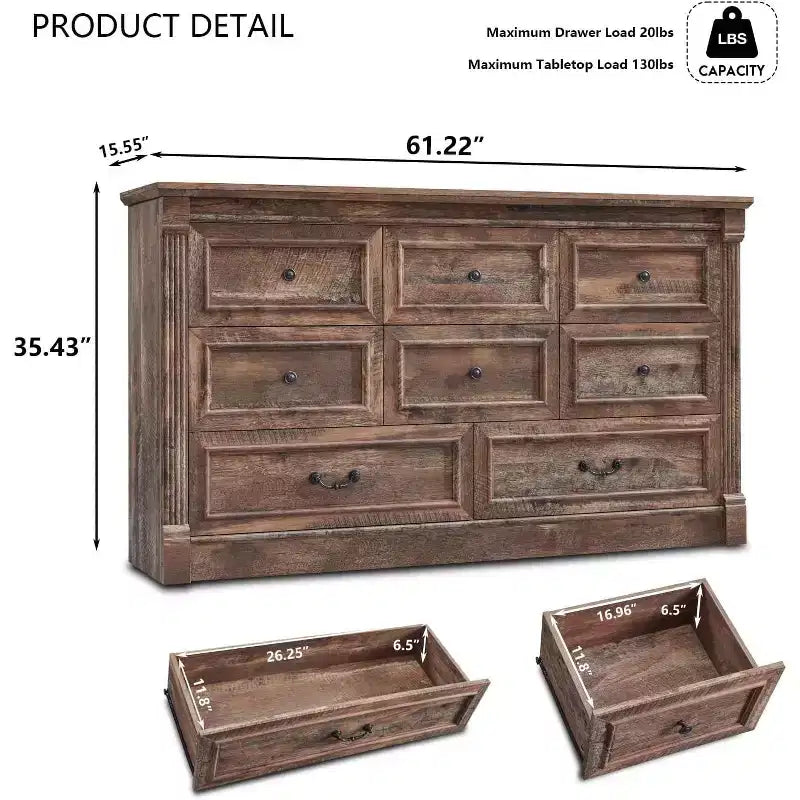 Commode de chambre Sincido à 8 tiroirs, commode haute de 155 cm de style ferme avec colonnes romaines