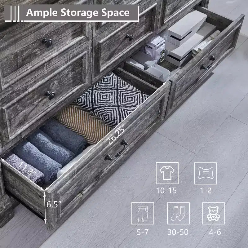 Commode de chambre Sincido à 8 tiroirs, commode haute de 155 cm de style ferme avec colonnes romaines