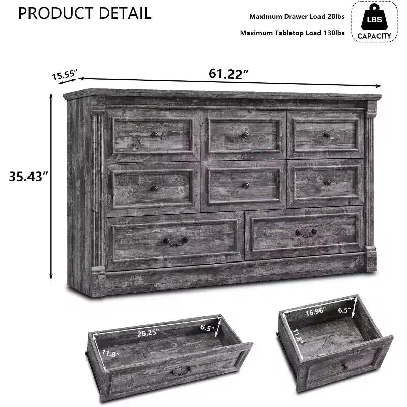 Commode de chambre Sincido à 8 tiroirs, commode haute de 155 cm de style ferme avec colonnes romaines