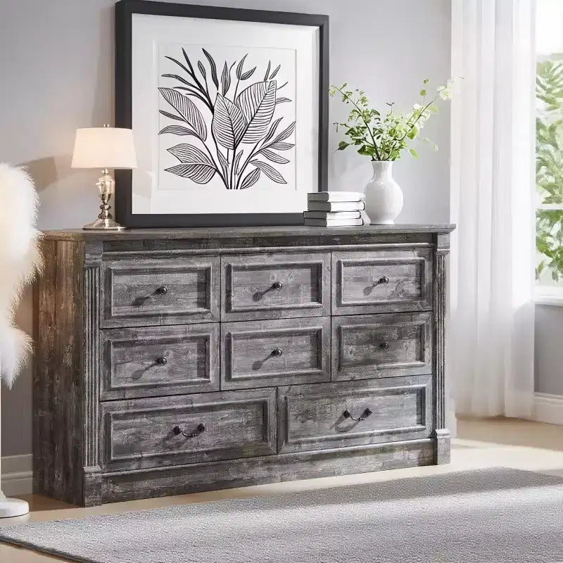 Commode de chambre Sincido à 8 tiroirs, commode haute de 155 cm de style ferme avec colonnes romaines