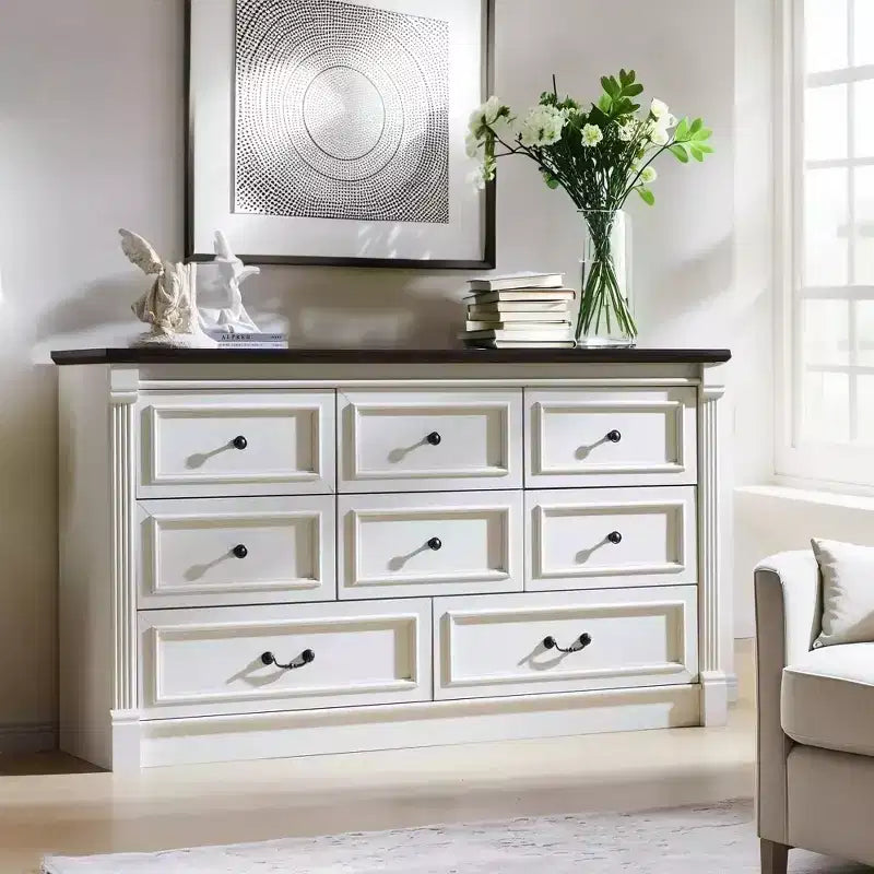 Commode de chambre Sincido à 8 tiroirs, commode haute de 155 cm de style ferme avec colonnes romaines