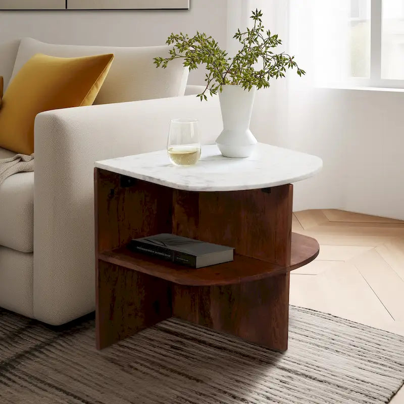 Sagebrook Home Modern Neutral Wood/Marble Brown 20 Half Round Side Accent Table - 20 x 20 x 20 - 20 x 20 x 20