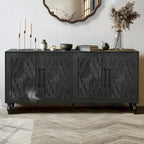 Large Storage Cabinet with Carved Flower Doors and Metal Handles