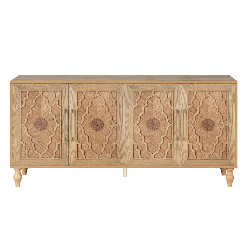 Large Storage Cabinet with Carved Flower Doors and Metal Handles