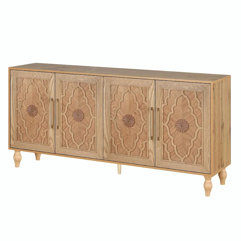 Large Storage Cabinet with Carved Flower Doors and Metal Handles