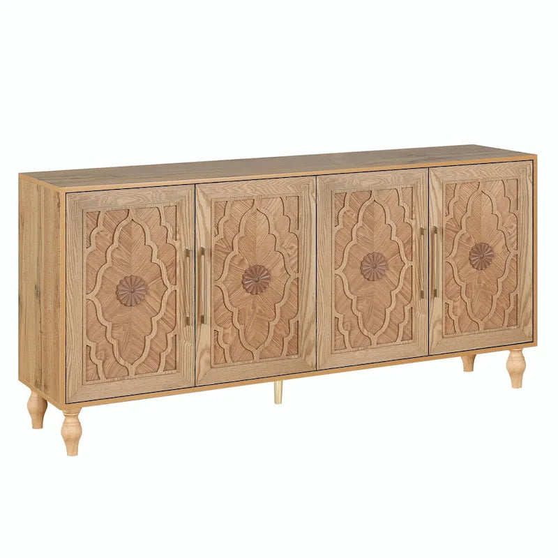 Large Storage Cabinet with Carved Flower Doors and Metal Handles