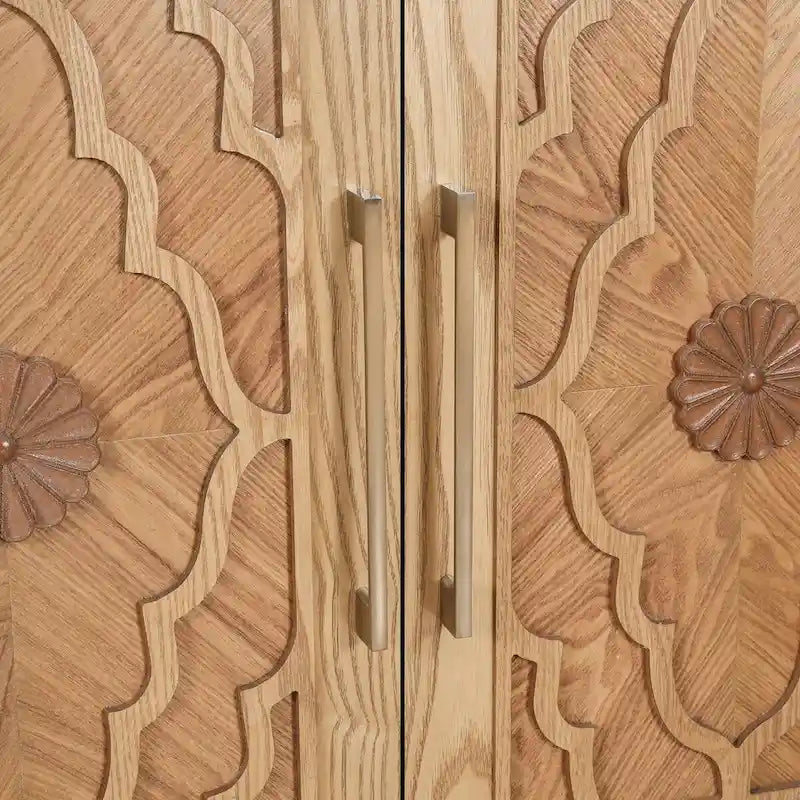 Large Storage Cabinet with Carved Flower Doors and Metal Handles