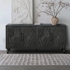 Large Storage Cabinet with Carved Flower Doors and Metal Handles