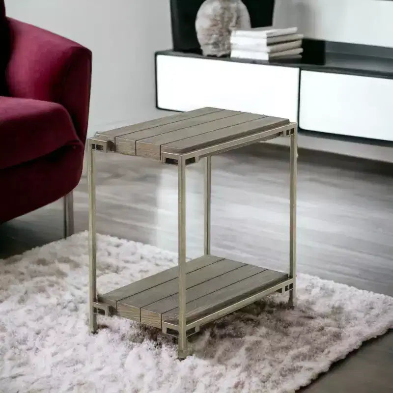 Table d'appoint de salon Roundhill Furniture Corbeta avec cadre en métal, plateau en bois et étagère, Graphite vieilli
