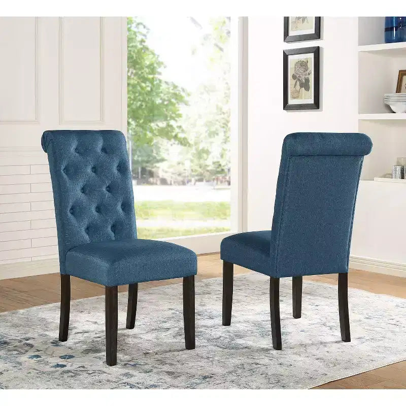 Roundhill Furniture Leviton Solid Wood Tufted Asons Dining Chair, Blue, Set of 2