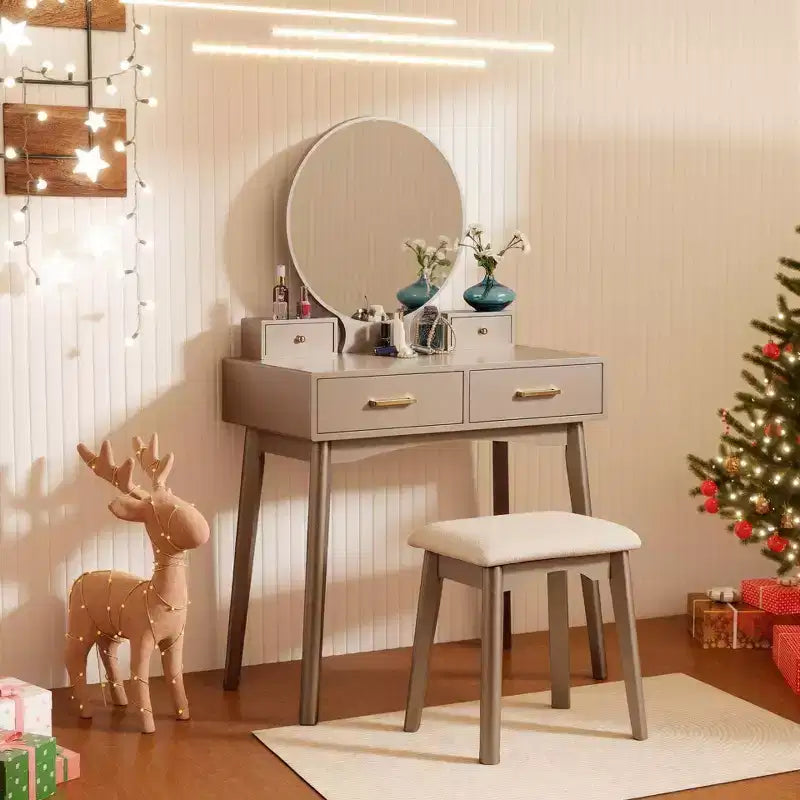 Liannon Contemporary Wood Vanity and Stool Set, Gold