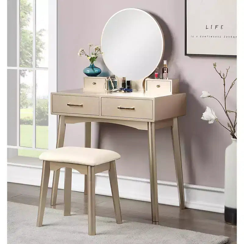 Ensemble meuble-lavabo et tabouret Liannon en bois contemporain, or
