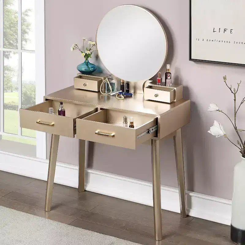 Ensemble meuble-lavabo et tabouret Liannon en bois contemporain, or