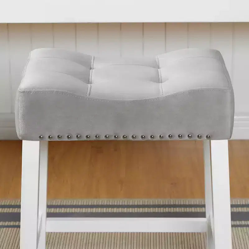 Tabourets de bar Roundhill Furniture Morovo, lot de 2, en velours, avec sièges rembourrés en forme de selle, finition blanchie, gris
