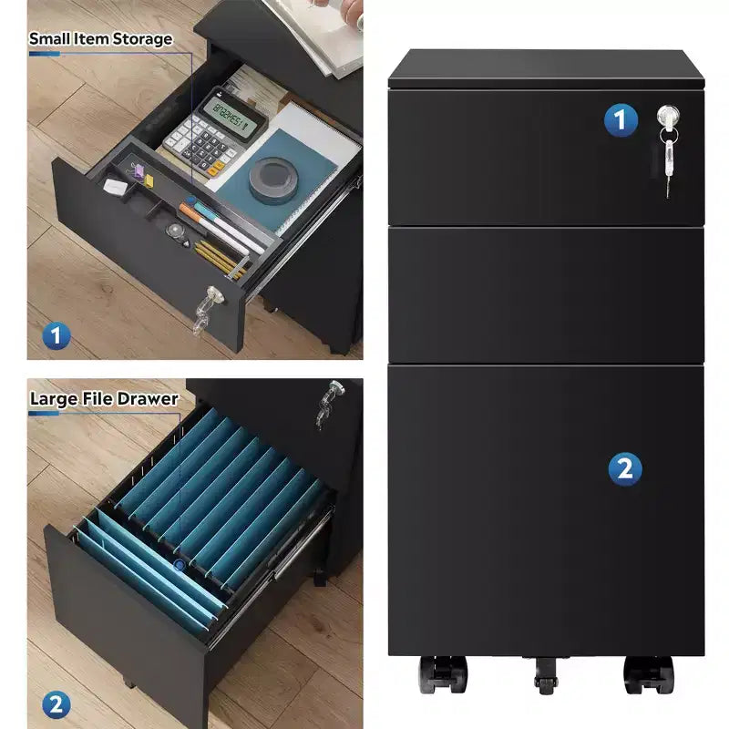 Classeur vertical mince de 11,8 po, classeur mobile à 3 tiroirs pour bureau à domicile, organisateur de documents peu encombrant avec serrure
