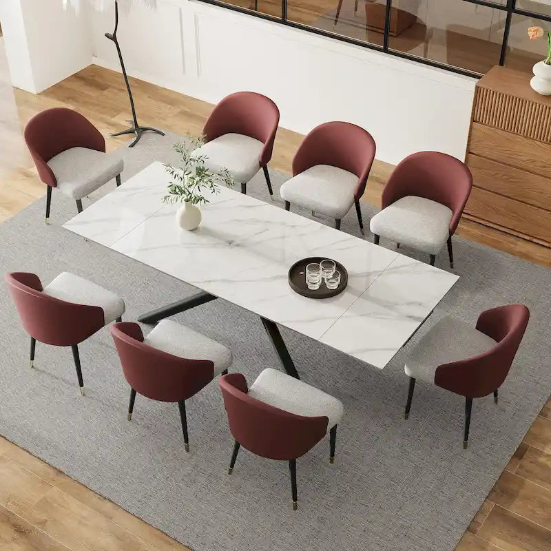 Ensemble de salle à manger rectangulaire extensible en pierre frittée à pieds croisés de 9 pièces avec 8 chaises pour la maison ou la villa