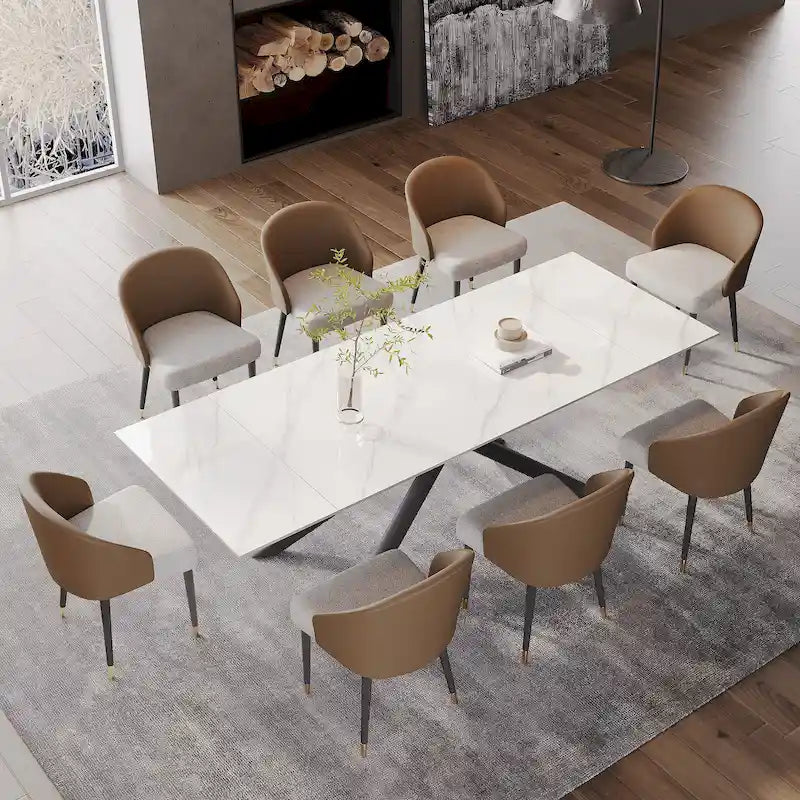 Ensemble de salle à manger rectangulaire extensible en pierre frittée à pieds croisés de 9 pièces avec 8 chaises pour la maison ou la villa