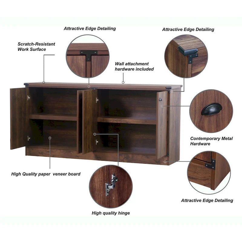 Brunei Contemporary Dark Walnut Wood Four-Door Credenza File Cabinet