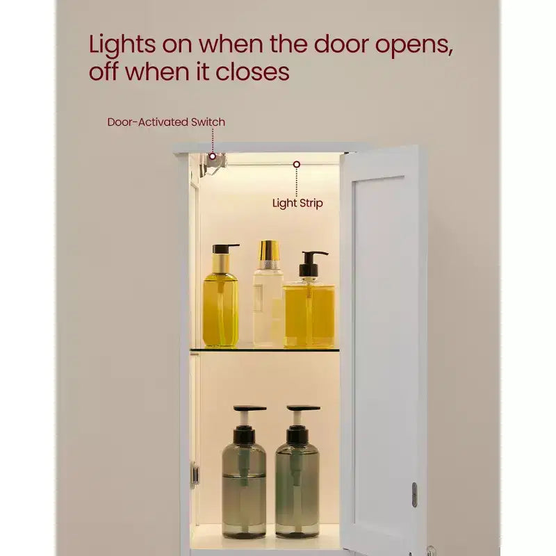 Meuble colonne de salle de bain avec lumières, Meuble de rangement de salle de bain fin, Armoire étroite autoportante avec étagères réglables, pour petits espaces, Moderne