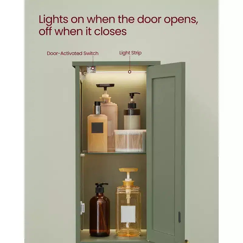 Meuble colonne de salle de bain avec lumières, Meuble de rangement de salle de bain fin, Armoire étroite autoportante avec étagères réglables, pour petits espaces, Moderne