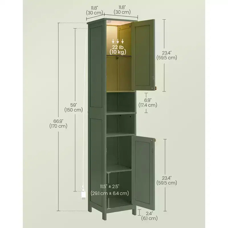 Meuble colonne de salle de bain avec lumières, Meuble de rangement de salle de bain fin, Armoire étroite autoportante avec étagères réglables, pour petits espaces, Moderne