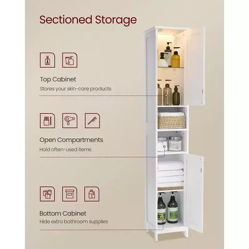 Meuble colonne de salle de bain avec lumières, Meuble de rangement de salle de bain fin, Armoire étroite autoportante avec étagères réglables, pour petits espaces, Moderne