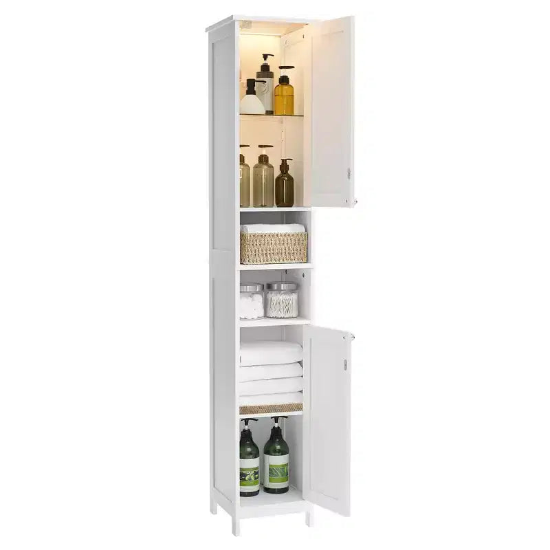 Meuble colonne de salle de bain avec lumières, Meuble de rangement de salle de bain fin, Armoire étroite autoportante avec étagères réglables, pour petits espaces, Moderne