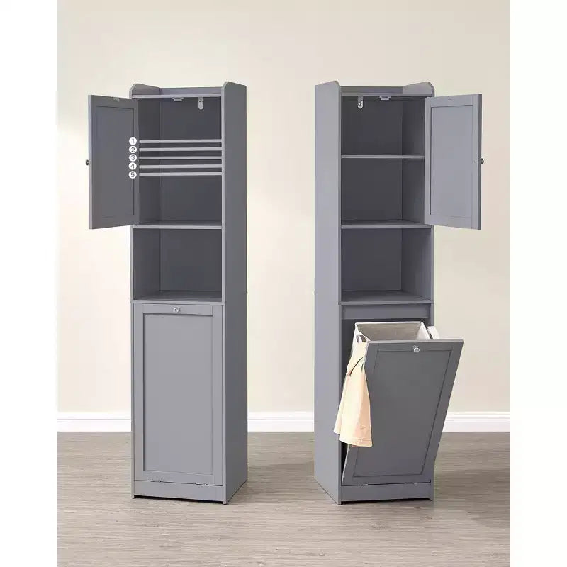 VASAGLE Meuble Colonne de Salle de Bain Haute avec Panier à Linge, Panier à Linge Amovible avec Poignées, Compartiment avec Porte, Meuble de Rangement