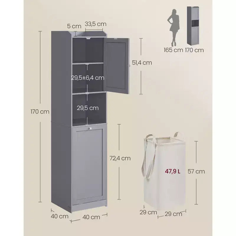 VASAGLE Meuble Colonne de Salle de Bain Haute avec Panier à Linge, Panier à Linge Amovible avec Poignées, Compartiment avec Porte, Meuble de Rangement